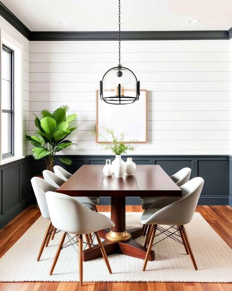 sleek shiplap walls in a monochromatic dining room