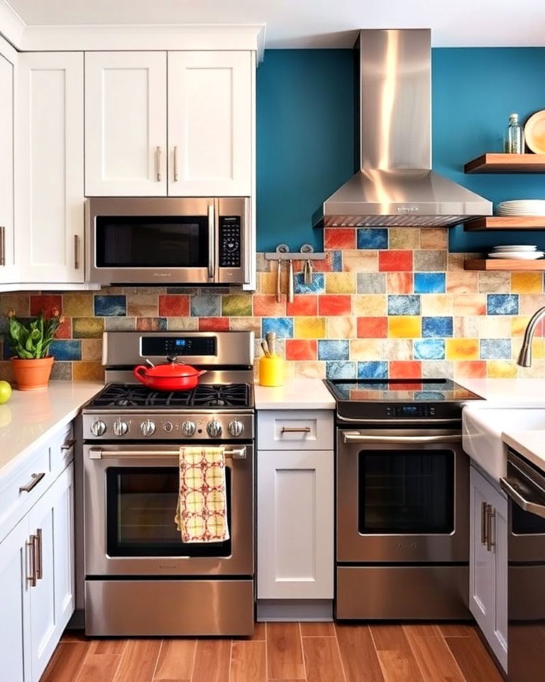 sleek stainless steel appliances in a colorful kitchen