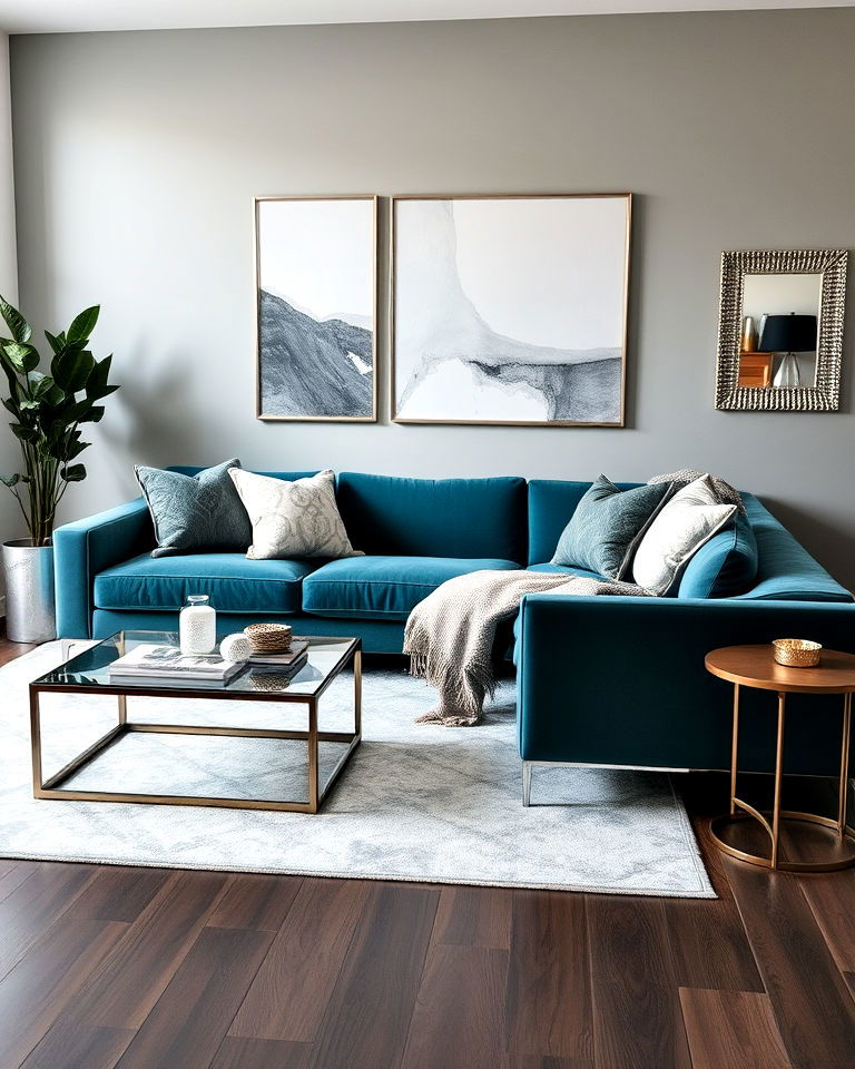 sleek teal couch with grey and silver accents