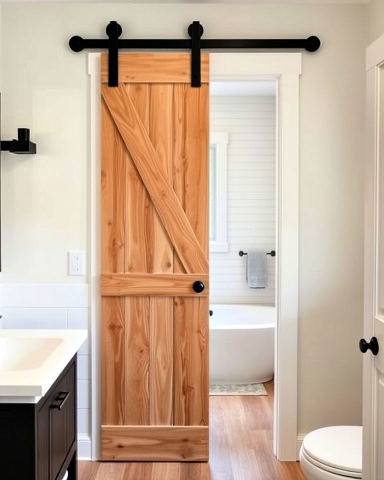 sliding barn door barndominium bathroom