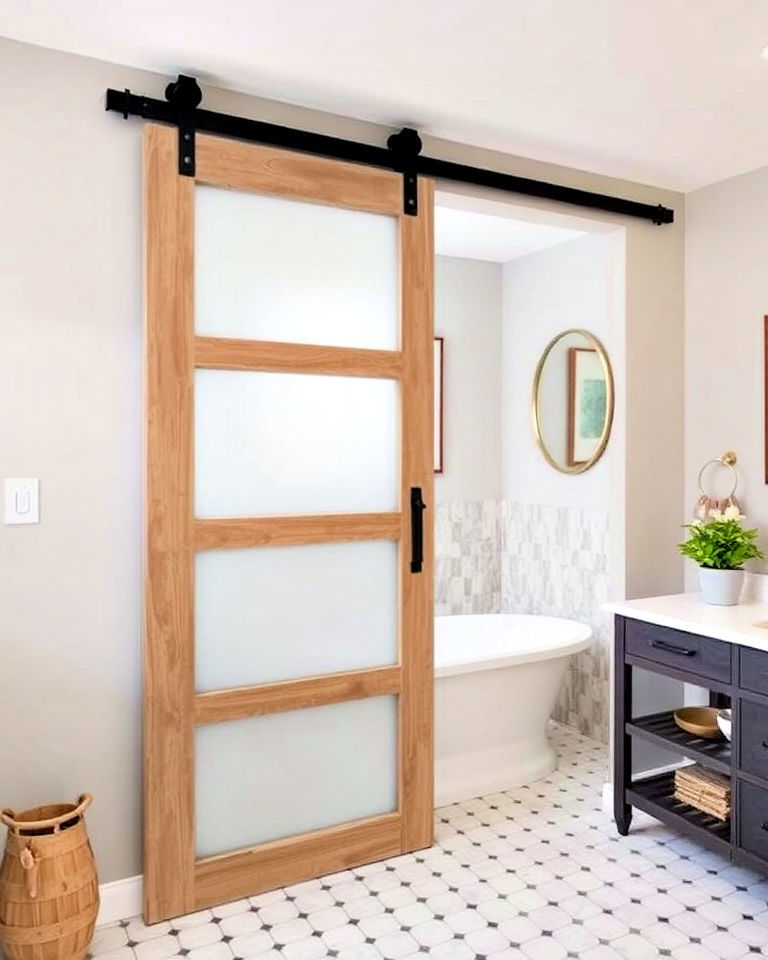 sliding barn door with frosted glass panels