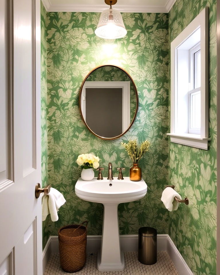 small bathroom green floral wallpaper