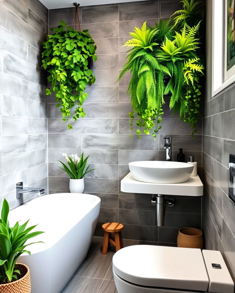 small bathroom green plants with grey accents