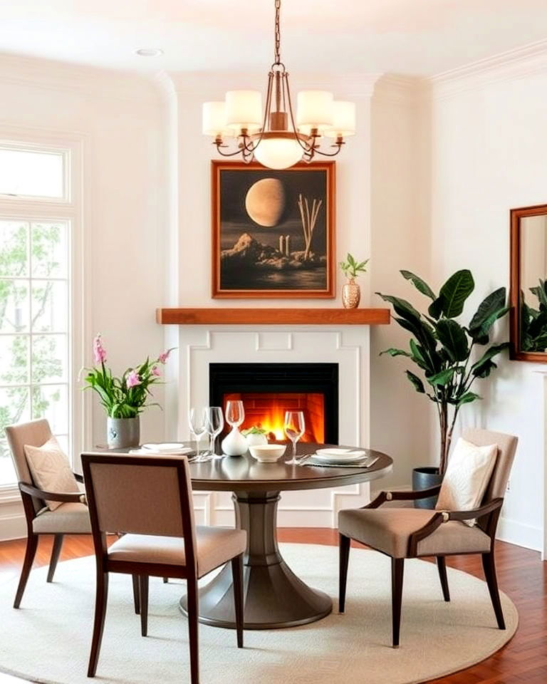 small dining room with corner fireplace