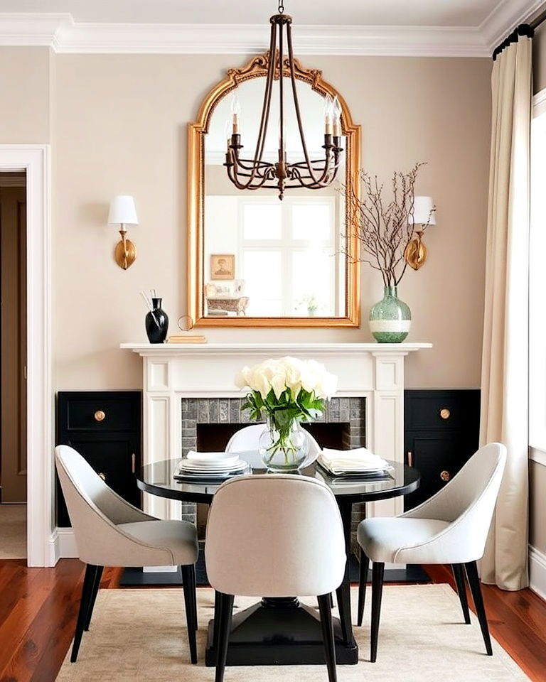 small dining room with fireplace and mirror above