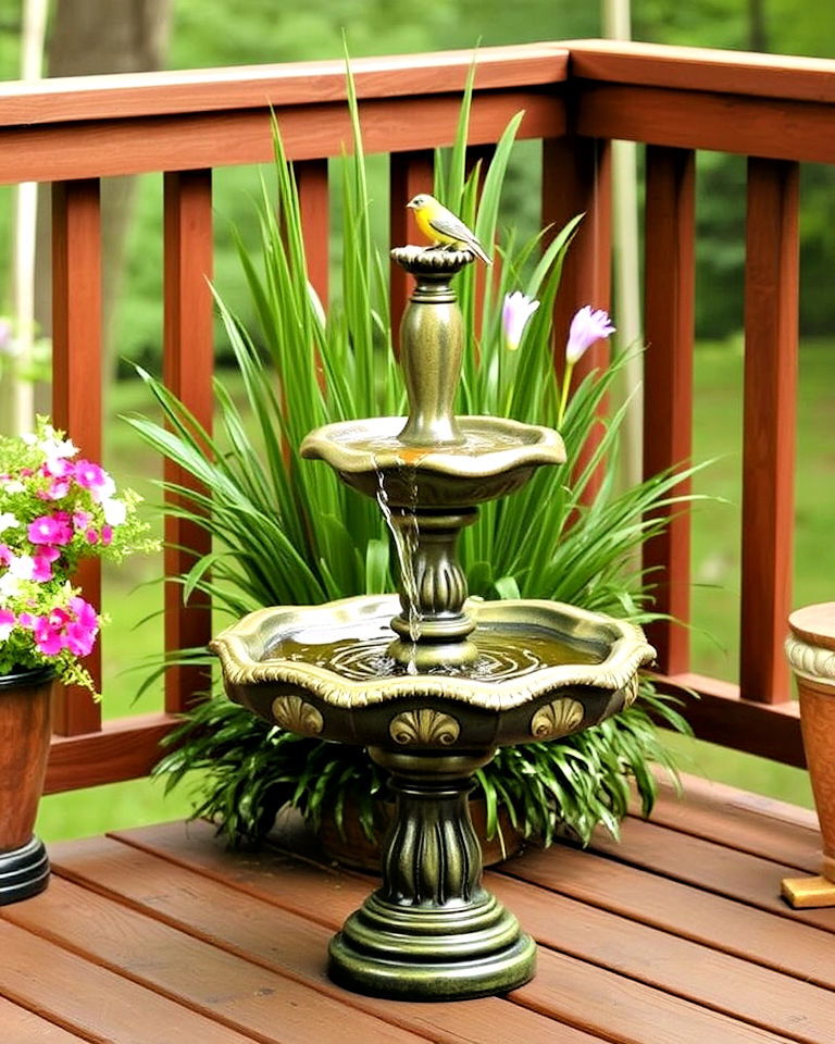 small fountain or bird bath for deck decorating