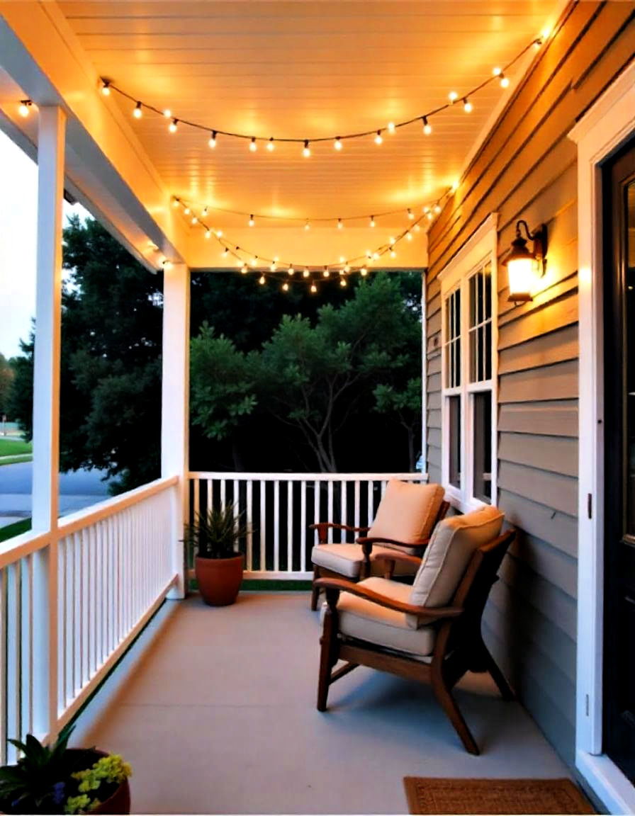 small front porch with string lights
