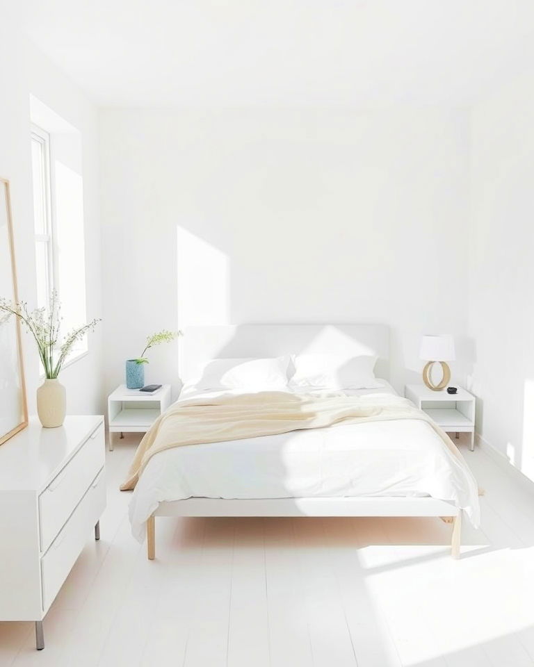 small minimalist white bedroom with clean lines