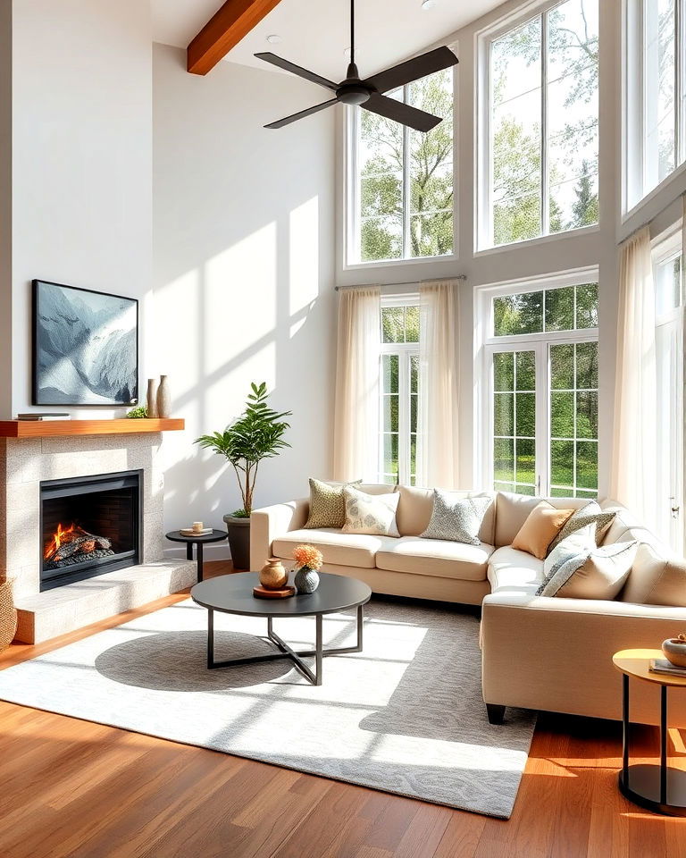 small sectional with a corner fireplace and large windows