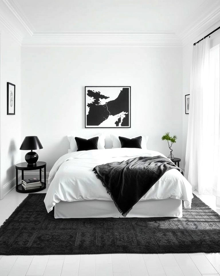 small white bedroom with chic dark accents