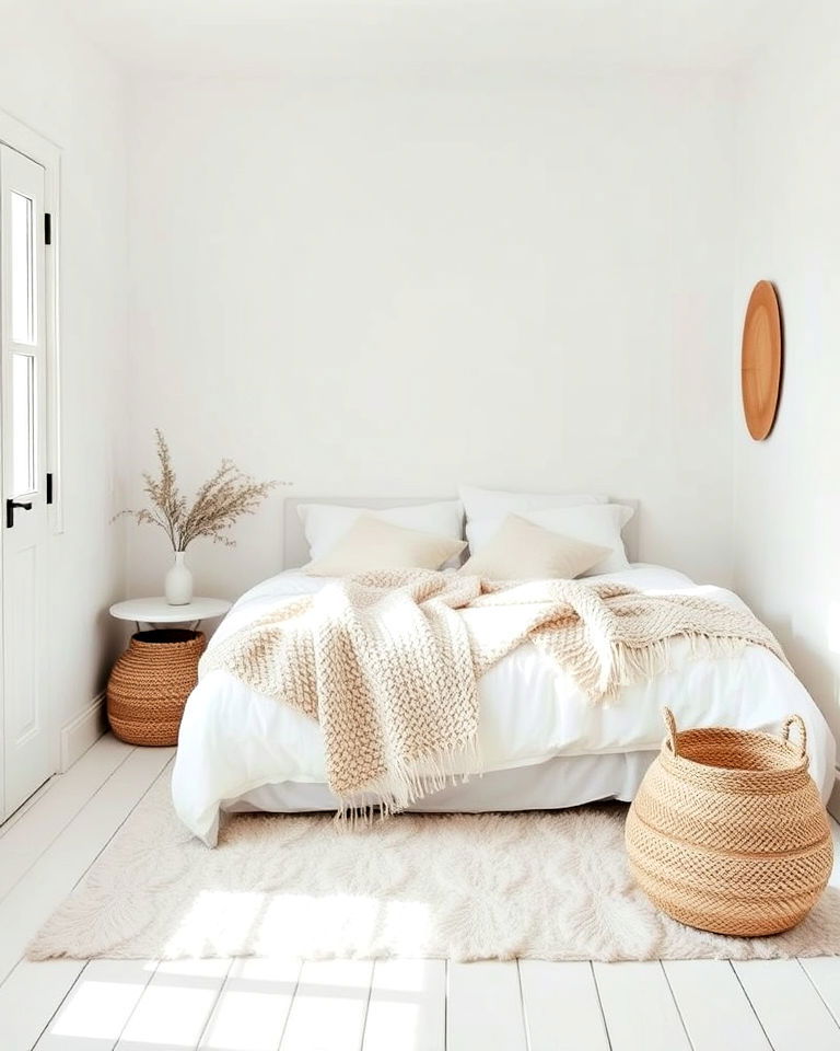 small white bedroom with different texture