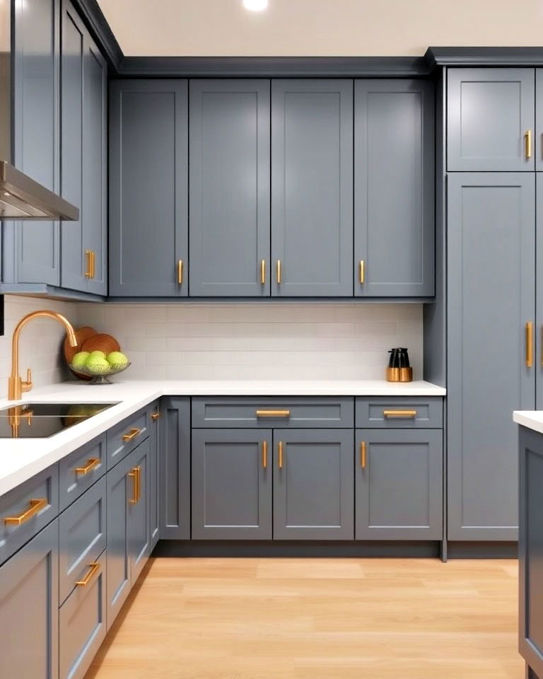 smoky blue cabinets with minimalist gold pulls