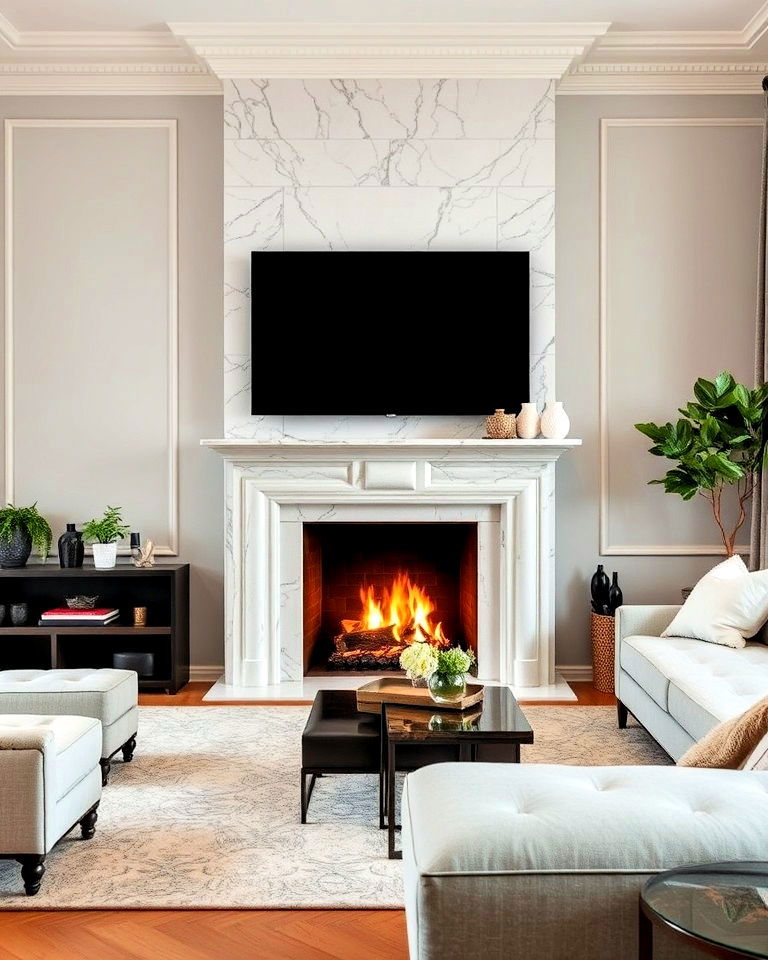 soft and cozy grey marble fireplace