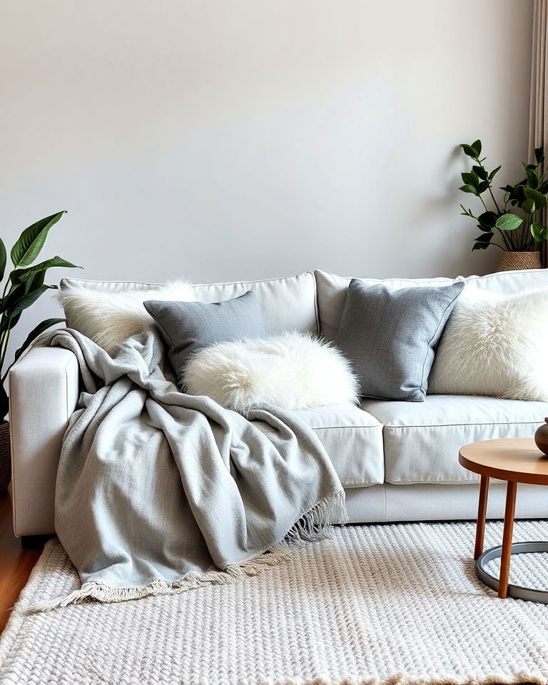 soft and cozy textures for a grey and white living room
