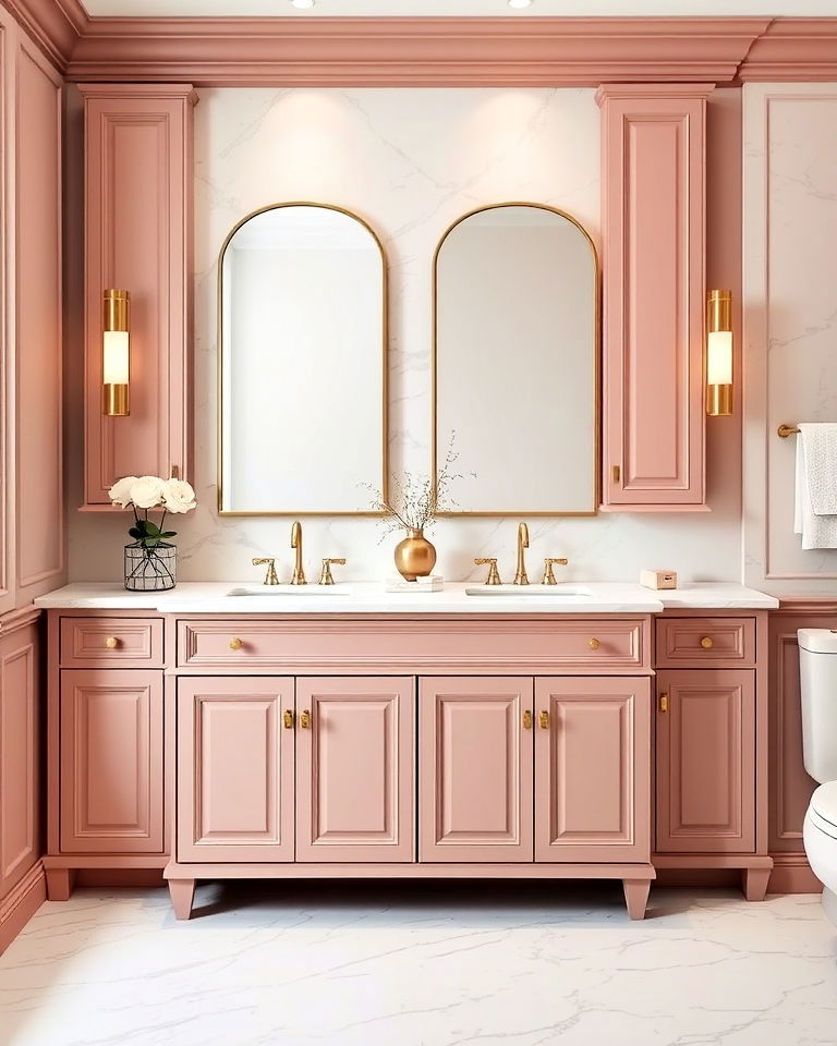 soft and muted dusty rose bathroom cabinets