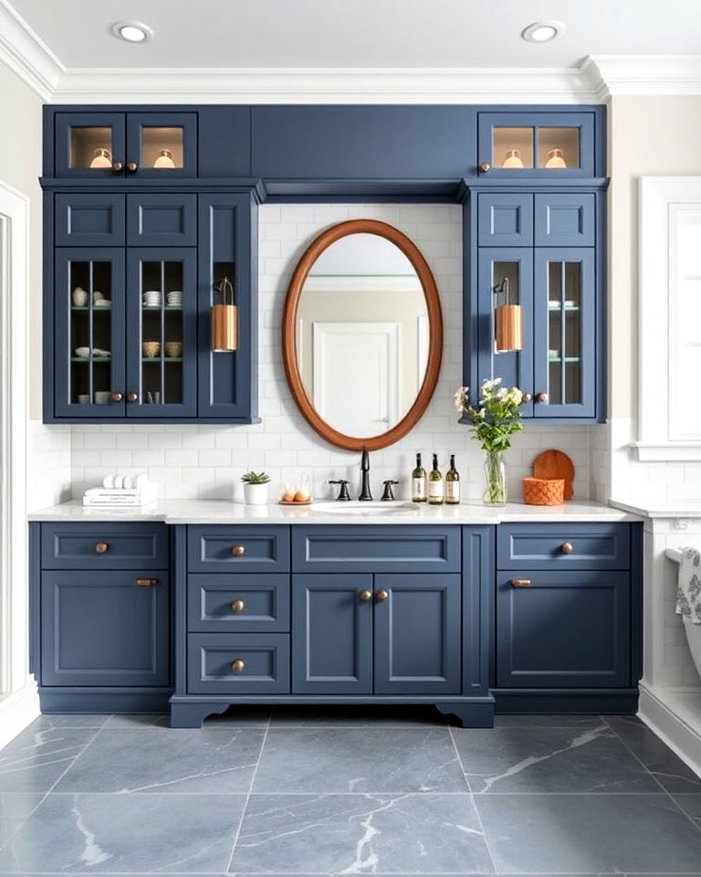 soft and muted slate blue bathroom cabinets