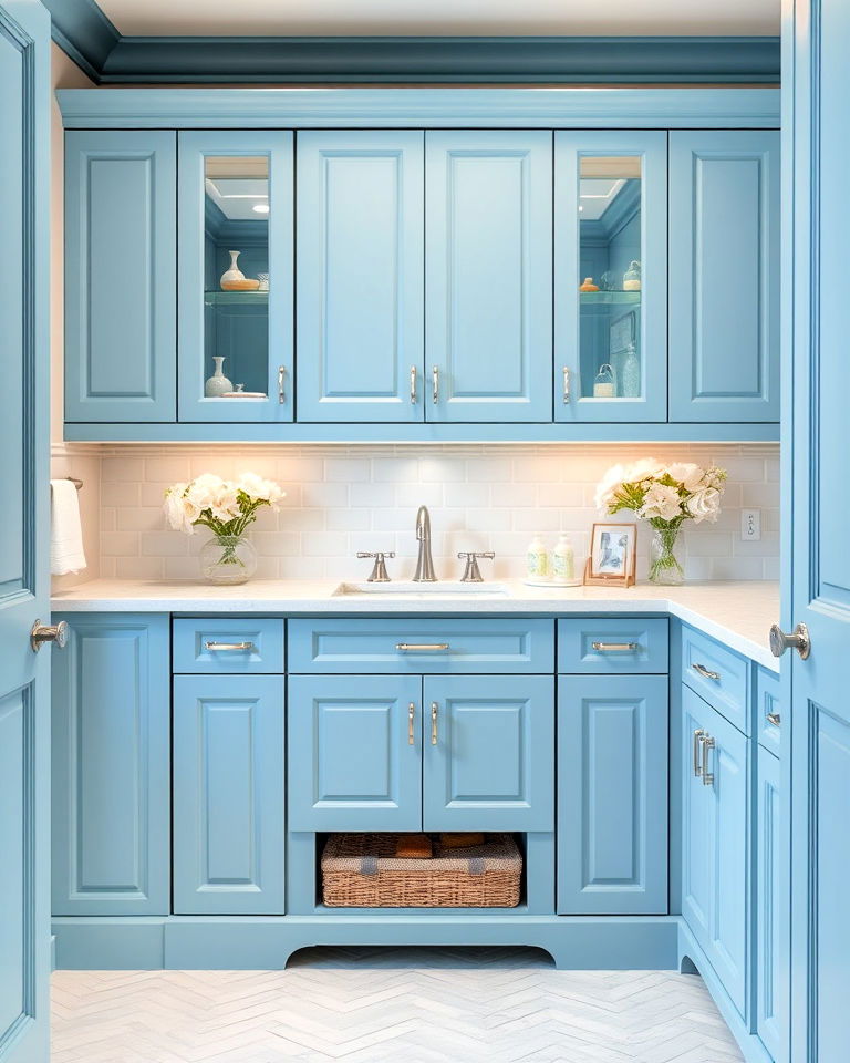 soft and uplifting sky blue bathroom cabinets