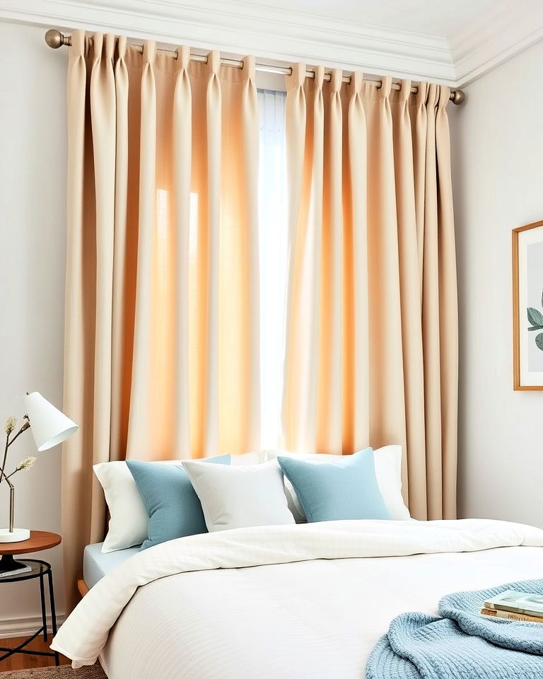 soft beige curtains with light blue bedroom cushions