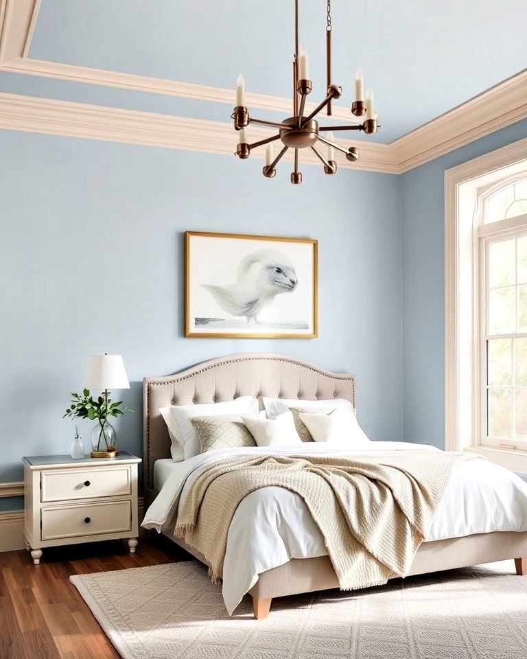 soft blue bedroom walls with classic beige trim