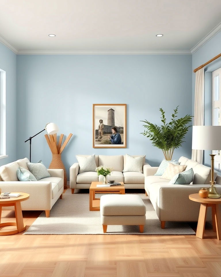 soft blue walls with beige furniture