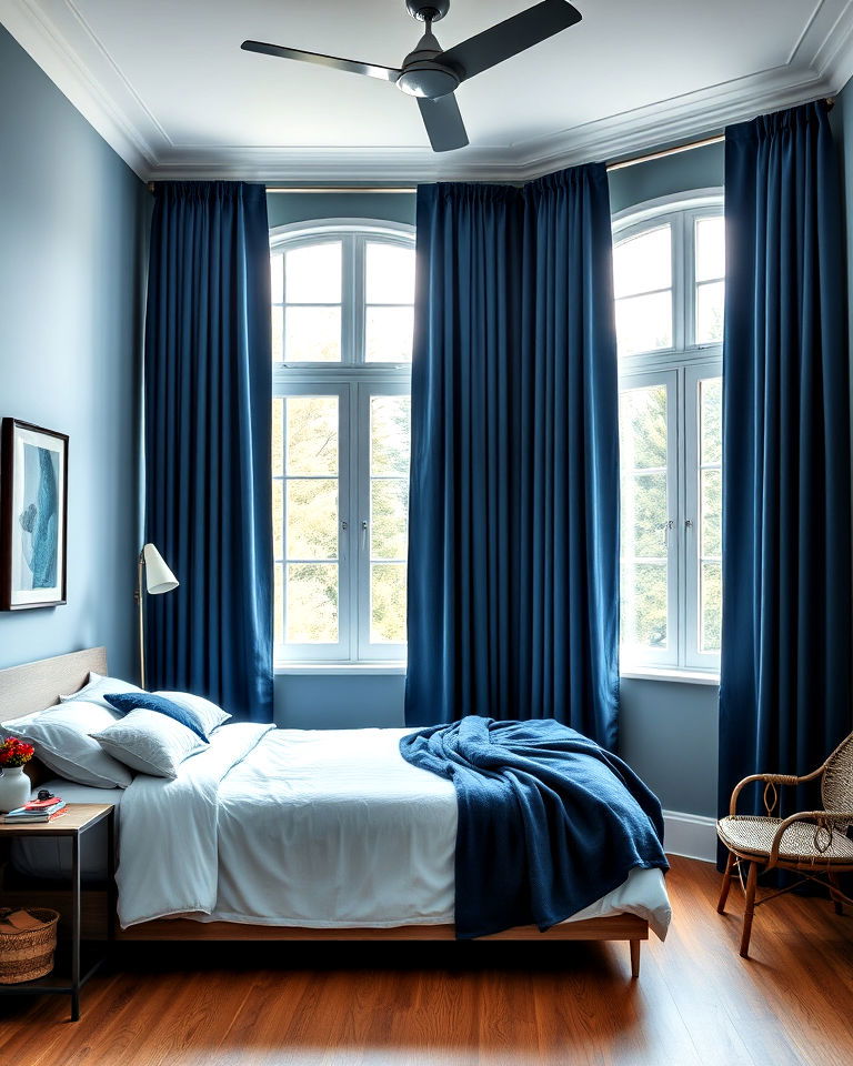 soft blue walls with dark blue curtains for bedroom