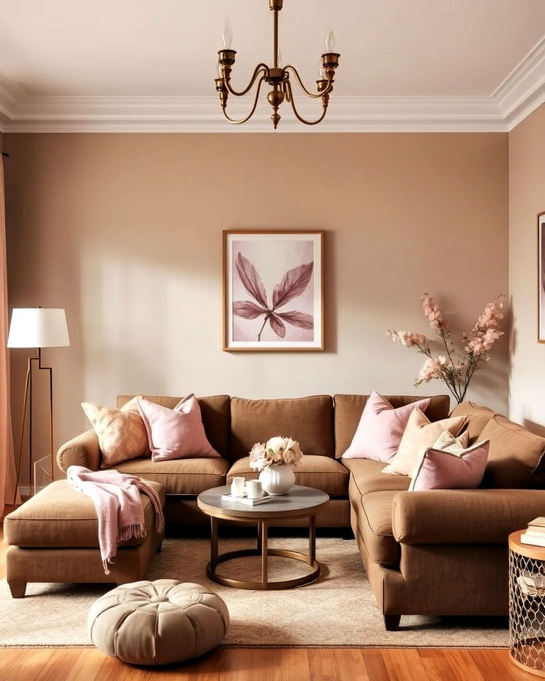 soft brown living room with pink accents for a romantic feel