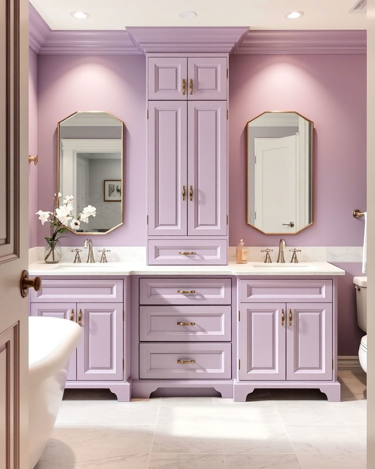 soft feminine muted lavender bathroom cabinetry