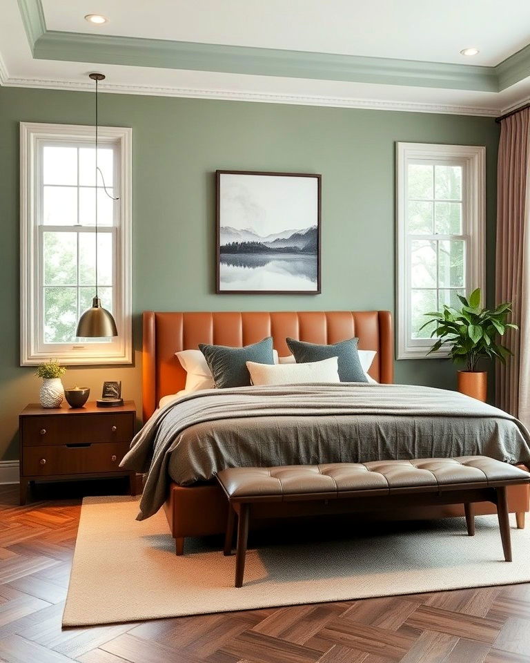 soft green bedroom walls with leather accents