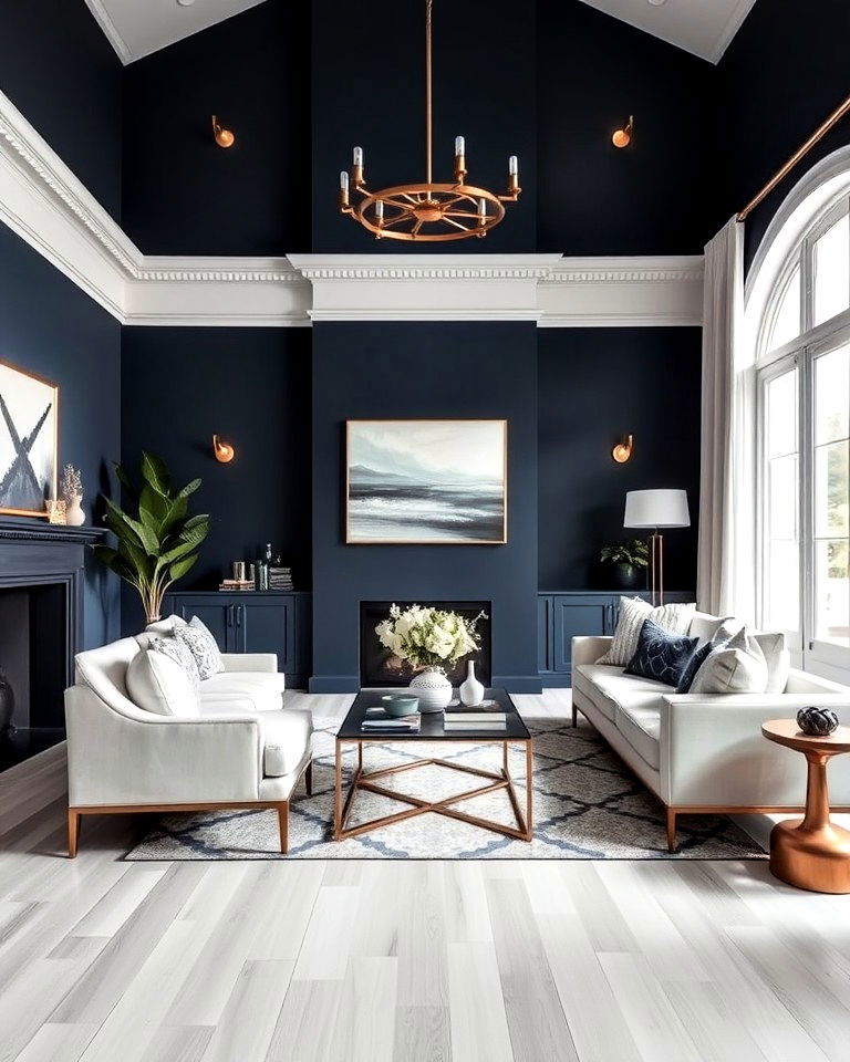 soft grey living room floor with navy blue accent walls