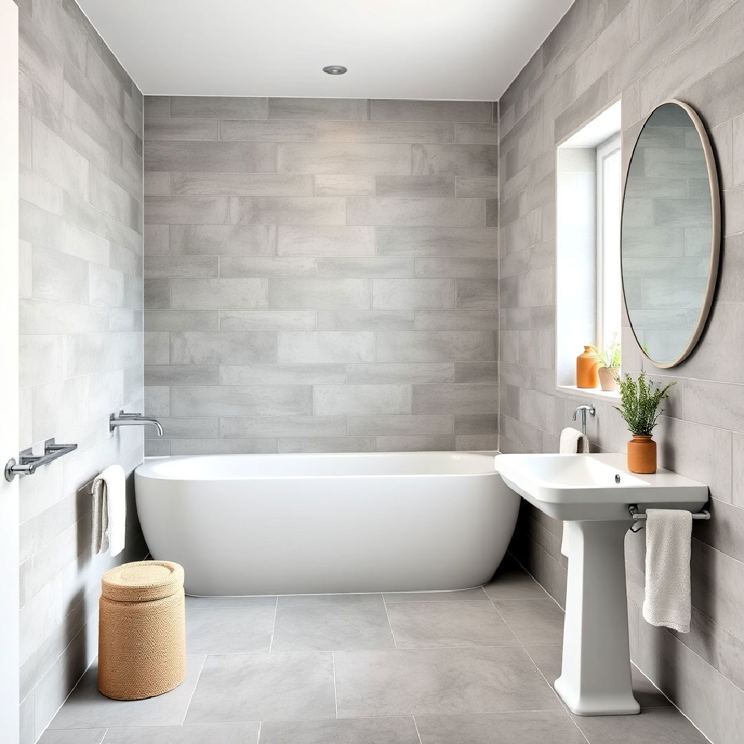 soft grey tiles bathroom with white fixtures