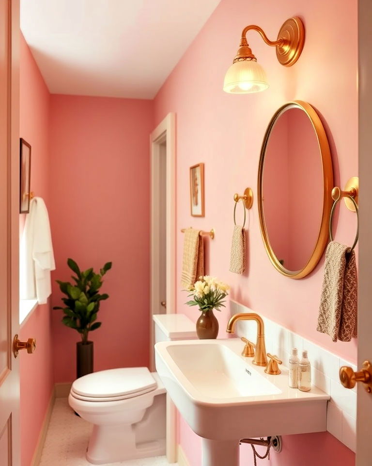 soft pink bathroom walls with brass fixtures