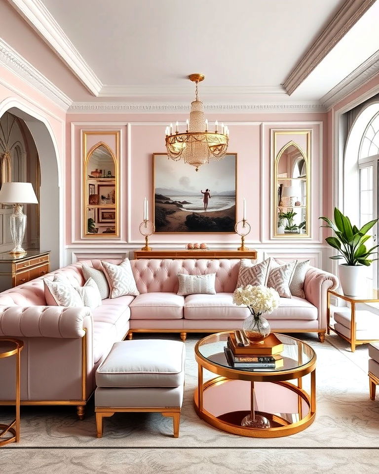 soft pink couch with art deco details living room