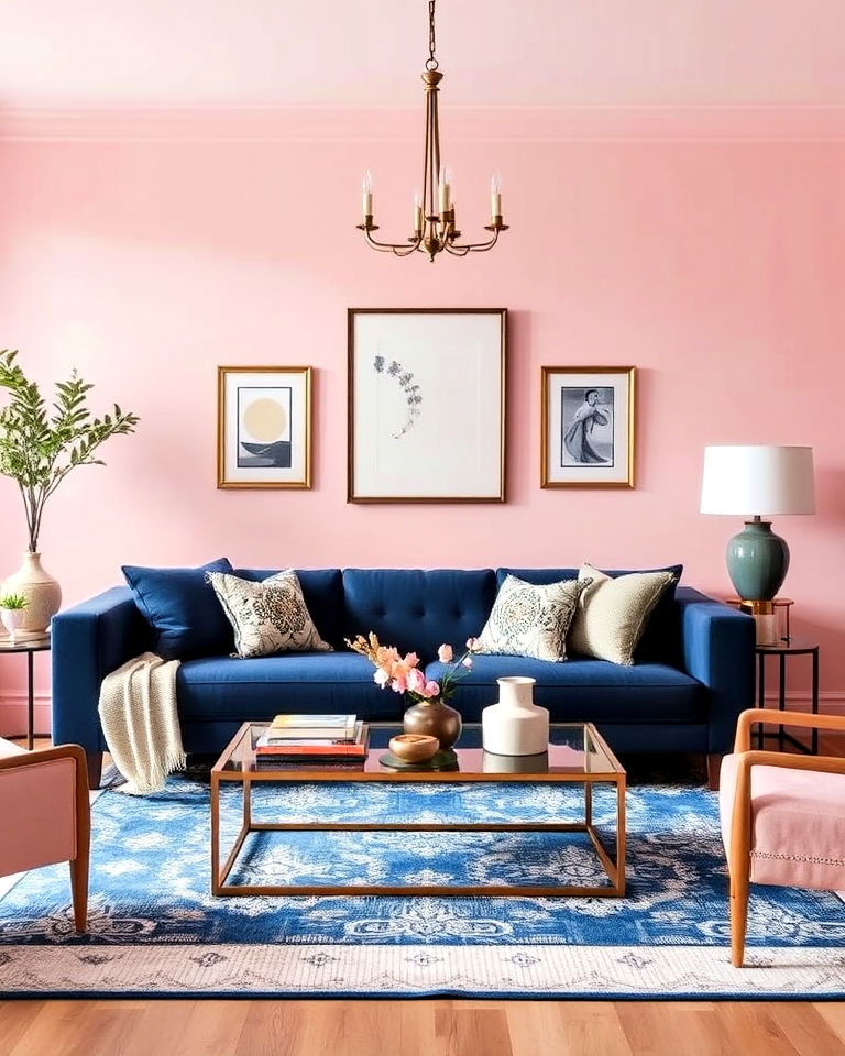 soft pink walls with navy blue accents in living room