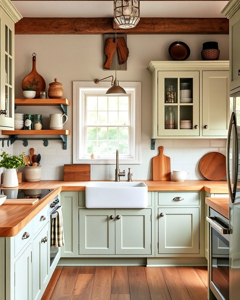 soft sage green cabinets with weathered butcher block countertop