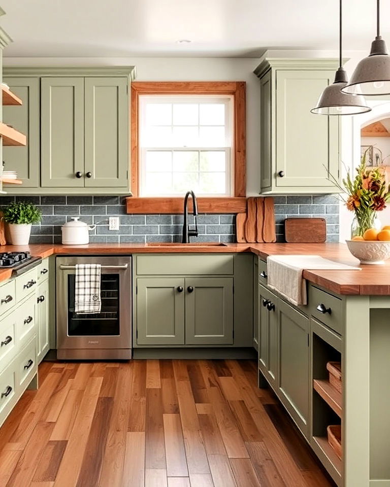 soft sage green kitchen with wood accents