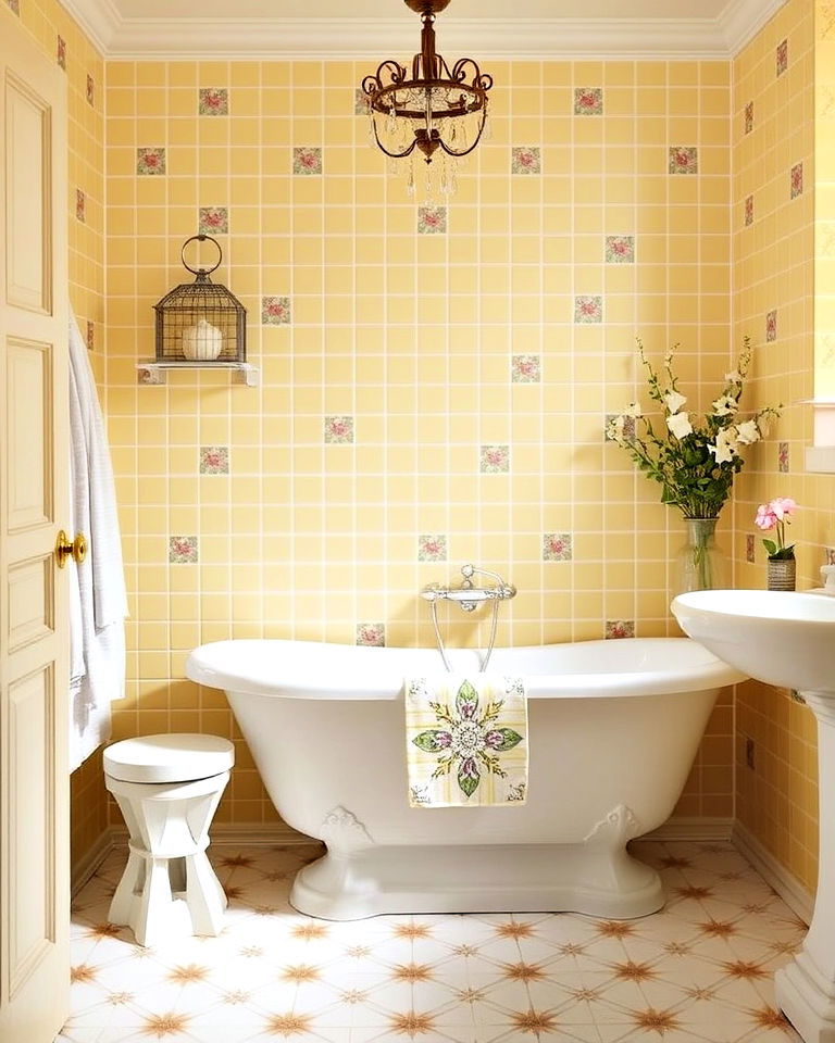 soft yellow tiles with floral accents