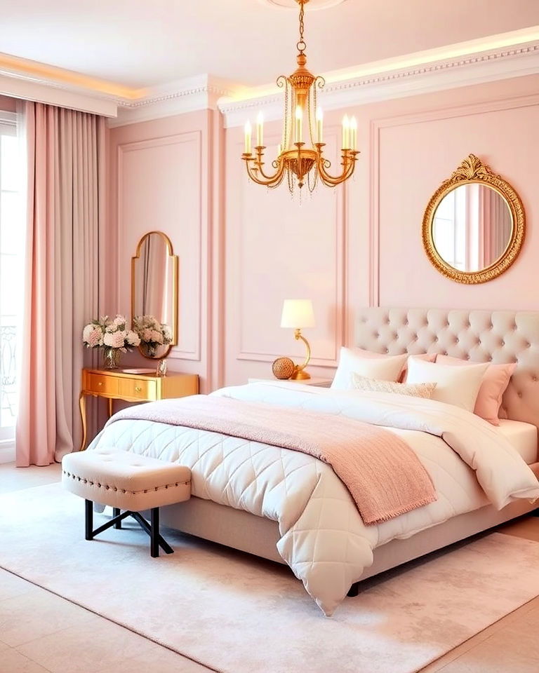 soft yet glamorous light pink and gold bedroom