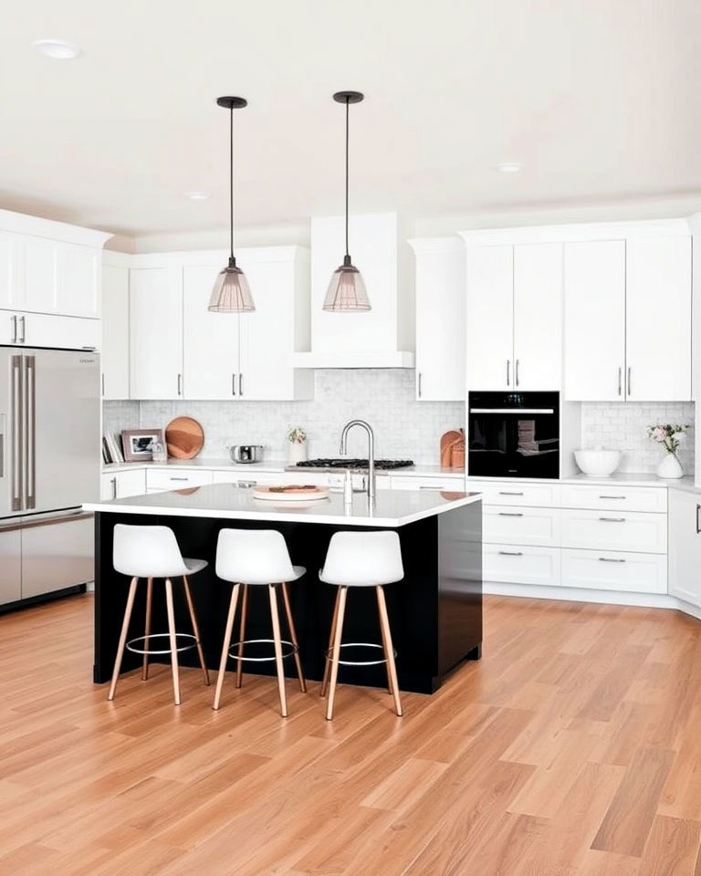 softened modern look with wood flooring kitchen