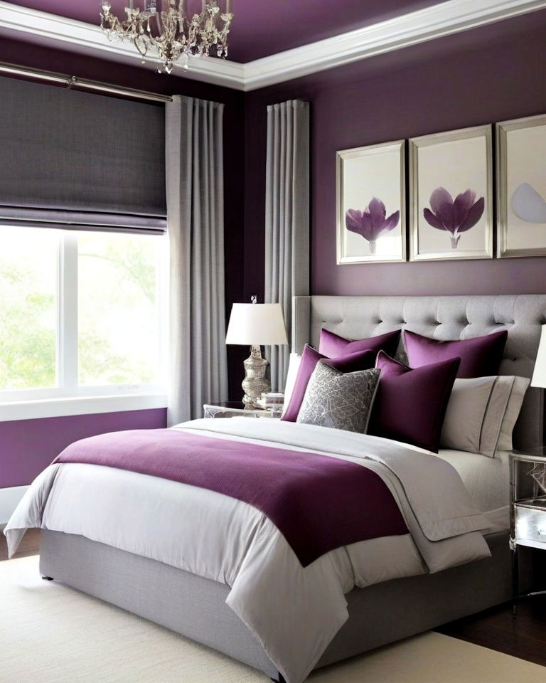 sophisticated and modern plum and gray bedroom