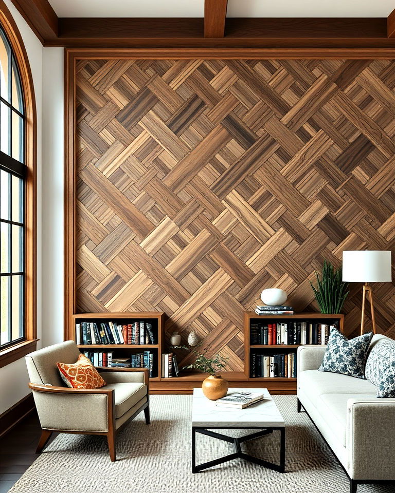 sophisticated crosshatch wood trim accent wall