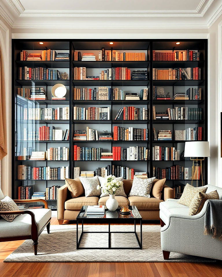 sophisticated glass enclosed bookshelves