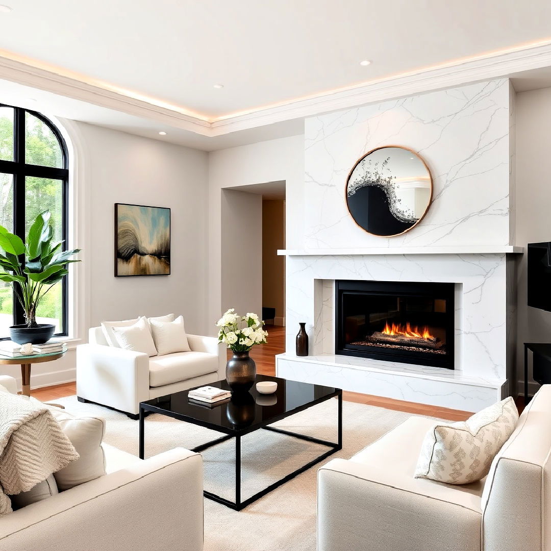 sophisticated marble surround off center fireplace