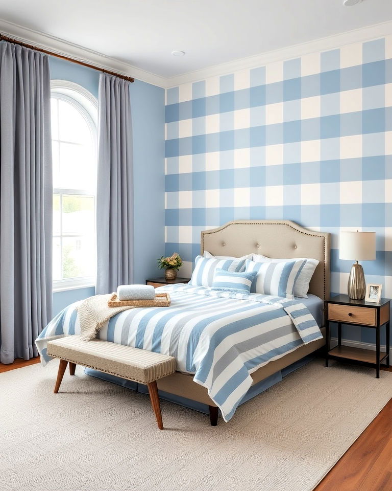 sophisticated periwinkle strip pattern bedroom