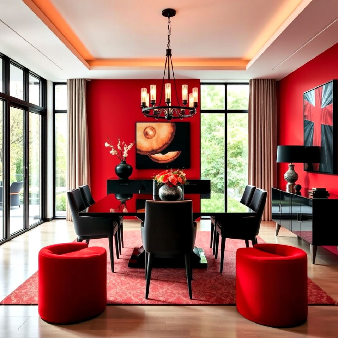 sophisticated red and black dining room theme