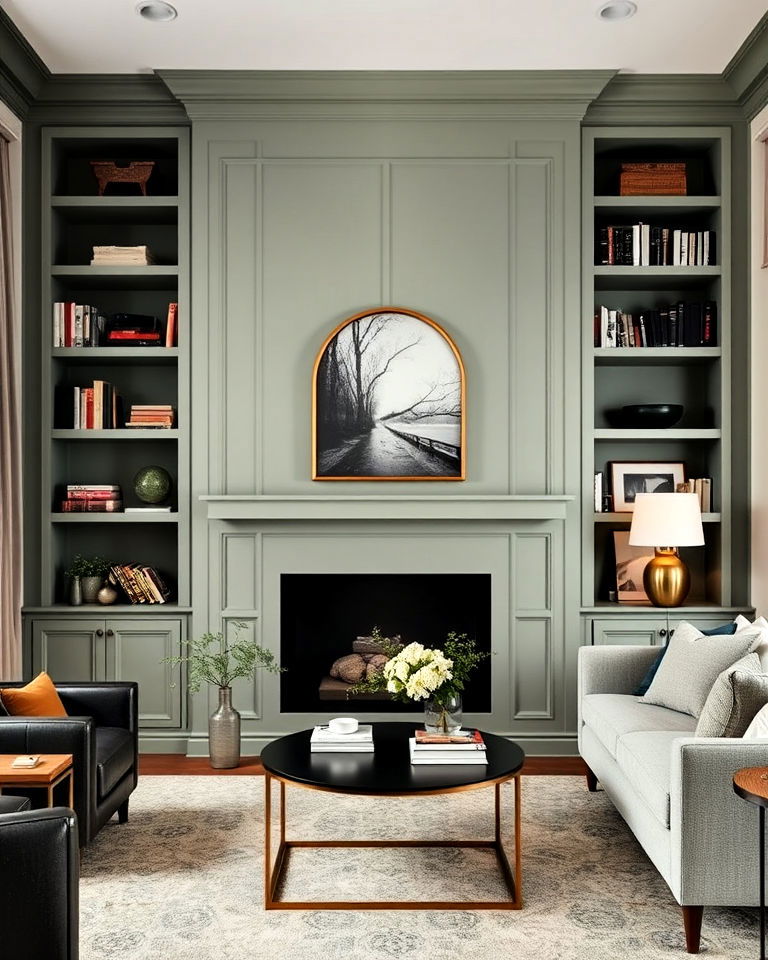 sophisticated sage green built in shelving