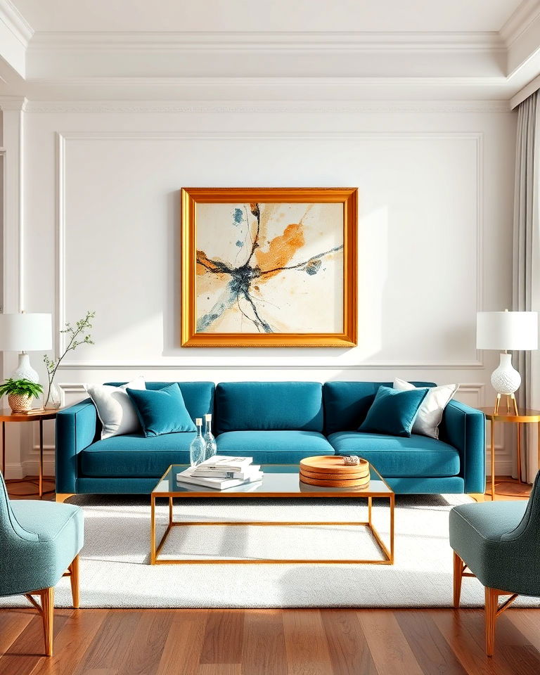 sophisticated teal couch with gold framed art
