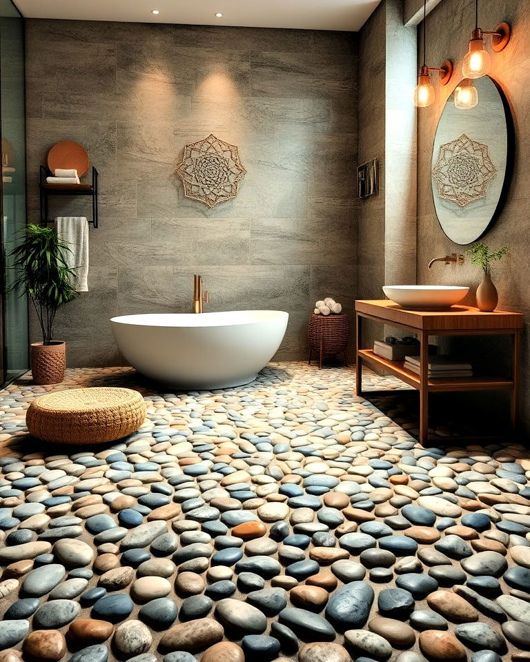 spa like serenity with river pebbles floor