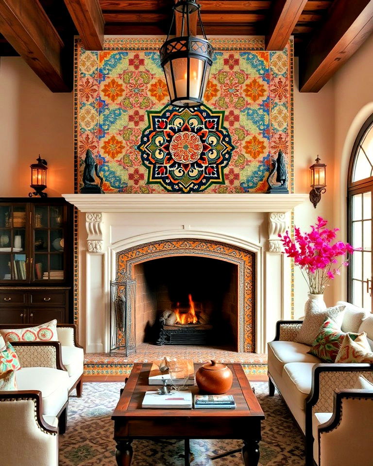 spanish revival tile fireplace as a striking centerpiece