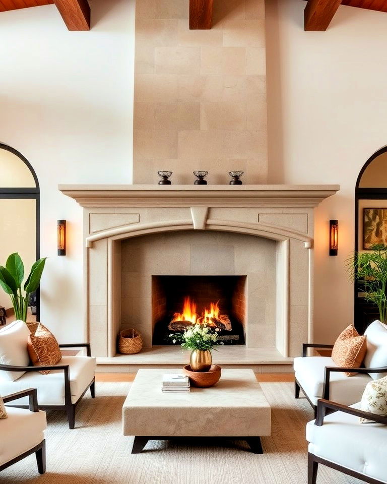 spanish style elegant fireplace with limestone mantel