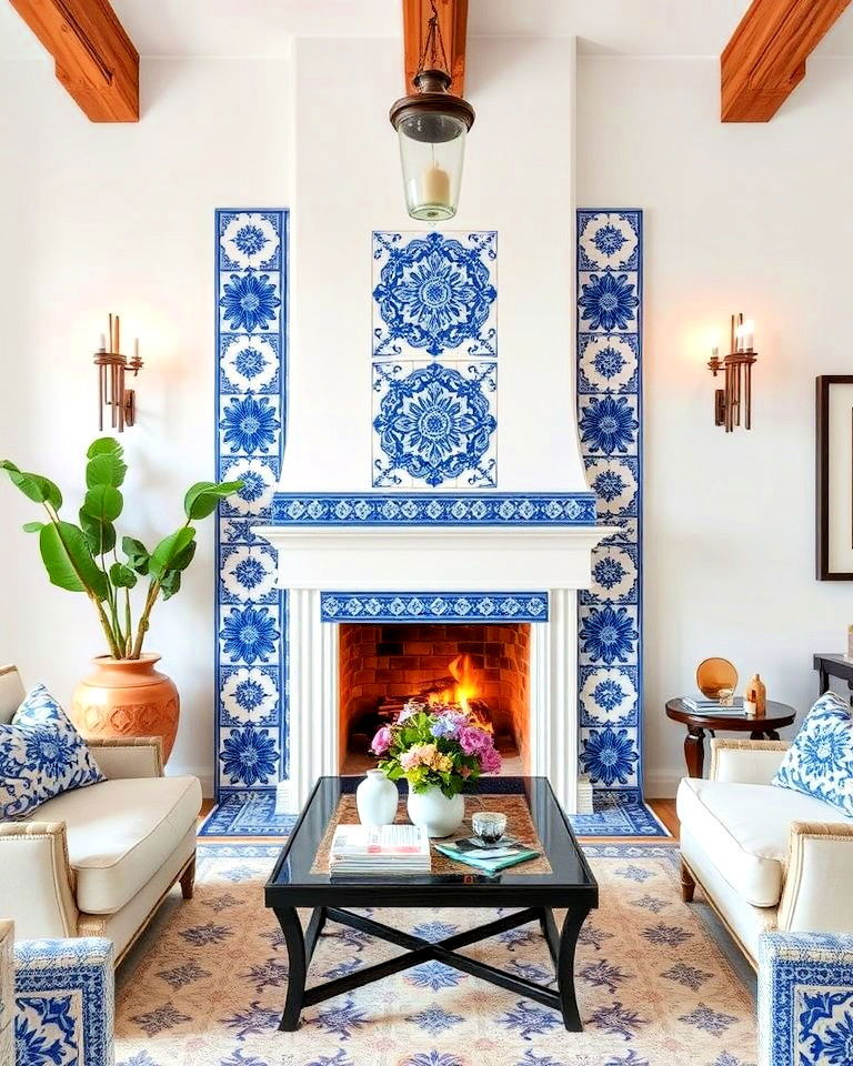 spanish style fireplace with azulejos tiles